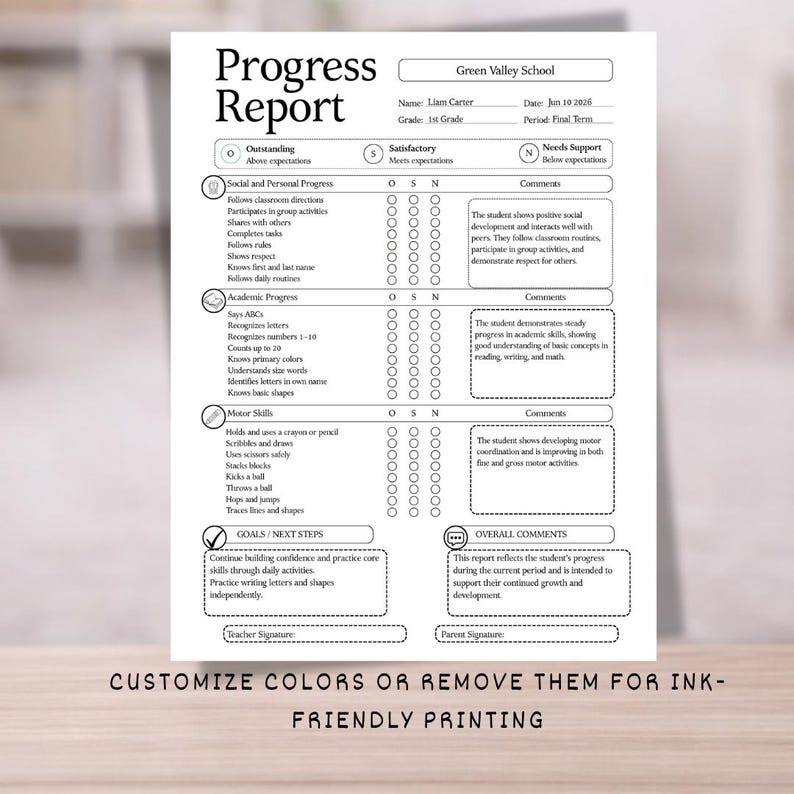 May include: A black and white school progress report from Green Valley School, with sections for social and personal progress, academic progress, and motor skills. The report includes text fields and check boxes for evaluation, with the text "Customize colours or remove them for ink-friendly printing" at the bottom.