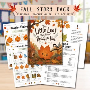 Könnte beinhalten: Ein Fall Story Pack Bildungsset mit einem zentralen Bilderbuch mit dem Titel The Little Leaf That Wasn't Ready to Fall, umgeben von gedruckten Arbeitsblättern, Übungsblättern und einem Lehrerleitfaden mit Illustrationen eines Eichhörnchens und eines Vogels.