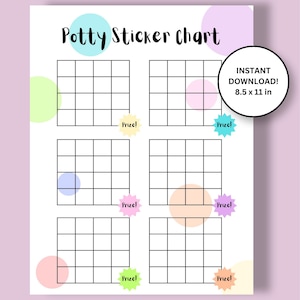 May include: A white Potty Sticker Chart with six grids, each with 20 squares. The chart includes the text "Potty Sticker Chart" and "INSTANT DOWNLOAD! 8.5 x 11 in". Colorful circles and starbursts with the word "Prize!" decorate the chart.