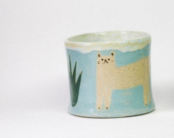 Handmade Ceramic Mug with Cats | Turqouise Mug, Cappuccino Coffee, Unique Gift for Her | Animal Lover