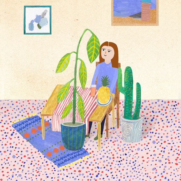 cozy at home Poster mit Illustration von Frau im Zimmer