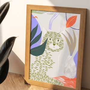 Katze in Pflanzenwelt Kunstdruck, Tiger Zeichnung, Kinderzimmer Dekor, Poster Druck, Wandkunst, Kinderposter mit Katzen Illustration