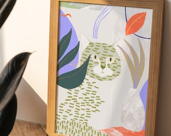 Cat in Jungle Art Print, Kids Room Decor