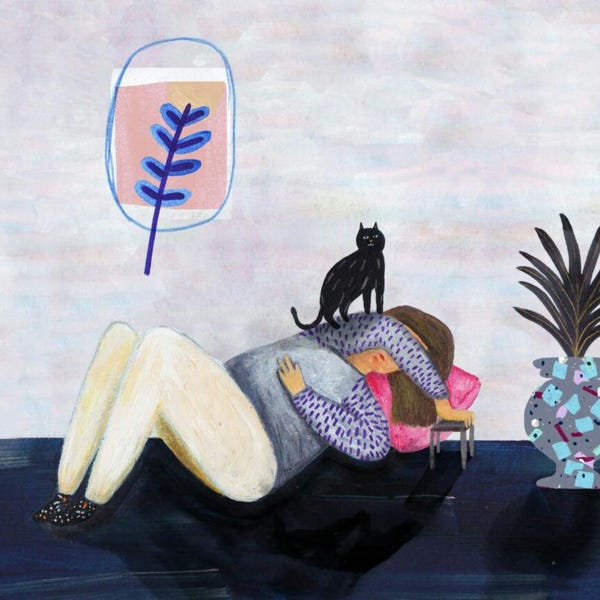 Schlafende Frau mit Katze auf dem Arm | Poster Illustration, Dekoration für die Wand