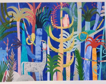 Stampa con illustrazione di una giungla stravagante - Vibrante opera d'arte di animali per la decorazione murale