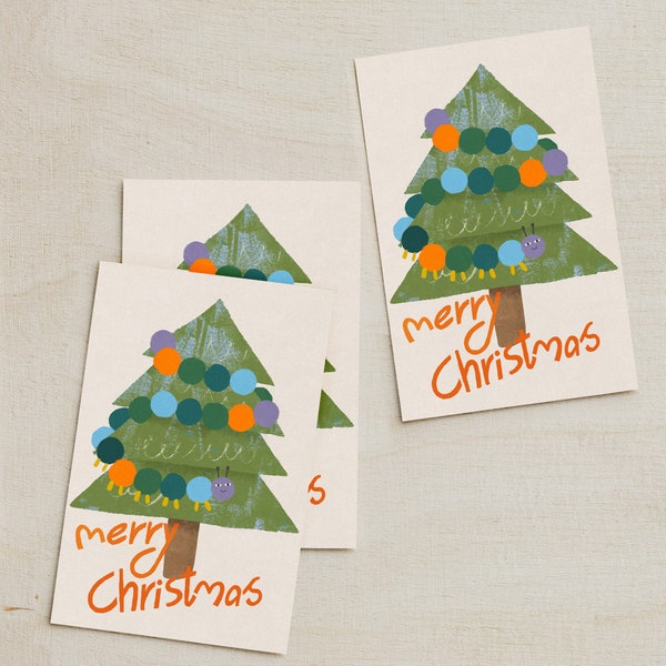 Weihnachtskarte | Christmas Caterpillar Merry Christmas |  Karte zu Weihnachten mit Tannenbaum und Raupe
