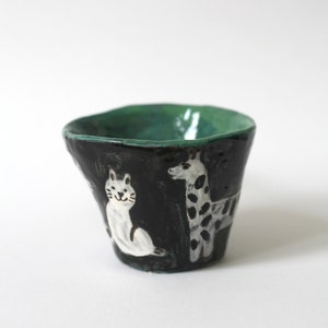 Handmade Ceramic Mug in Black with Animals | Small Mug, Cappuccino Coffee, Unique Gift for Her
