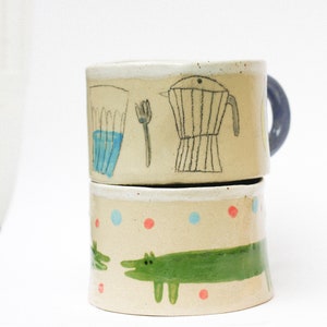 handgemachte große Keramik Tasse mit Illustrationen von Muschel und Sonne Kaffeetasse Kunsthandwerk image 3