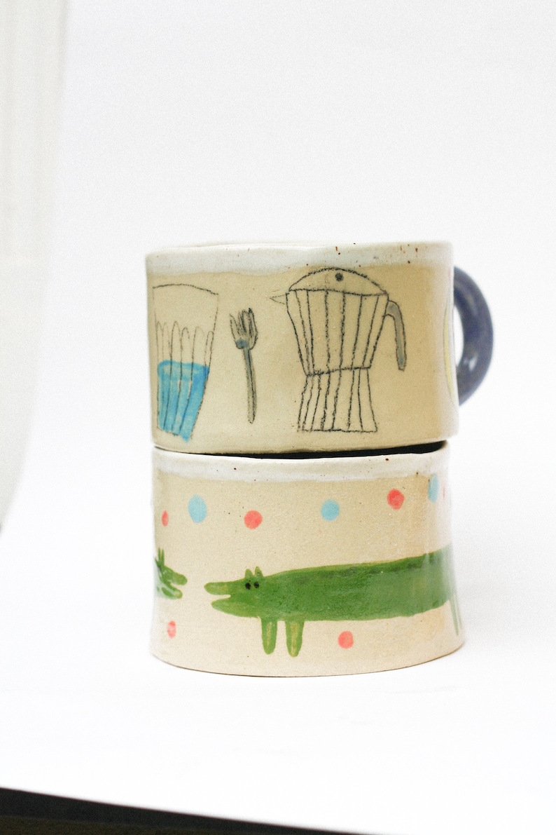 handgemachte große Keramik Tasse mit Illustrationen von Muschel und Sonne Kaffeetasse Kunsthandwerk image 3