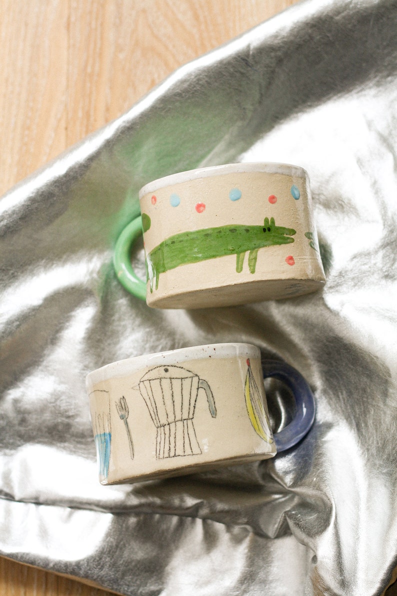 handgemachte große Keramik Tasse mit Illustrationen von Muschel und Sonne Kaffeetasse Kunsthandwerk image 8