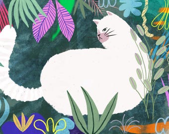 Weiße Katze Art Print - Bunte botanische Wandkunst