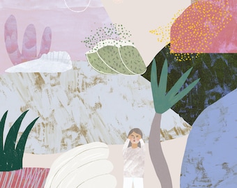 Traum Kunstdruck Kinderzimmer Dekor Poster süßes Geschenk für Freundin mit sanfter Landschaft Illustration pastellige Welt Kunst
