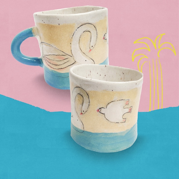 handgetöpferte Keramik Tasse mit Schwan und Taube Zeichnung | Kaffeetasse | Teetasse | Unikat