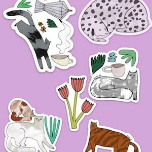 Katzen Aufkleber Set – Illustrierte Katzen und Pflanzen Vinyl-Aufkleber – Lustige Tierkunst für Journals, Laptops & Geschenke