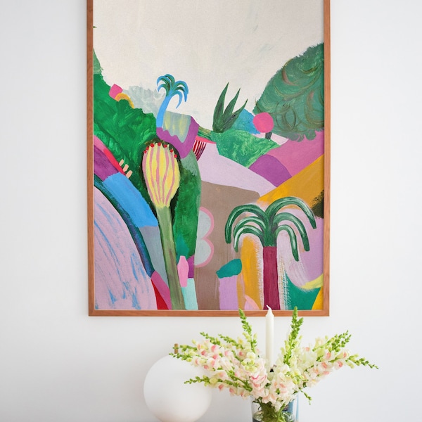 Original Acryl verträumte Landschaft Malerei auf Papier | Pastellige Töne |  Unikat Wandgemälde | Abstraktes Bild mit Pflanzen und Hügeln