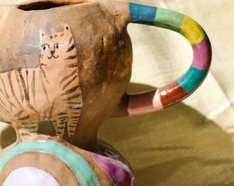 handbemalte Keramik Vase mit Tiger und Löwen Illustration
