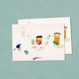 Origami Fun Postcard - Two Kids Playing Origami | A6 Art Print, 300g Paper | Whimsical Children's Illustration