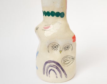 handgemachter Keramik Kerzenhalter mit Illustrationen | | Vase mit Totem| "Hase und Eule ""Tierwelt""."