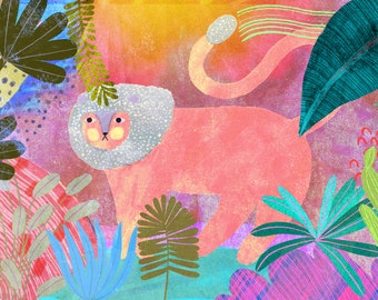Pink Lion Jungle Art Print, Nursery Decor