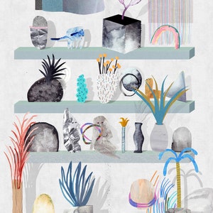 May include: A set of shelves with various objects, including plants, sculptures, and a small figurine. The shelves are painted a light blue color and have a white background. The objects are arranged in a whimsical and eclectic style.