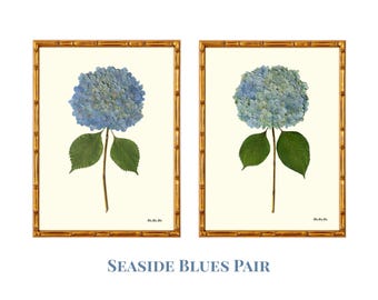 Hydrangea Wall Art Print Set of 2 | Botanical Giclée Fine Art Prints | Coastal Grandmillennial Decor | Seaside Blues Pair