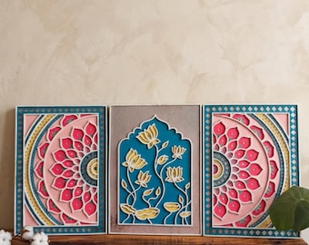 Juego de 3 paneles decorativos de pared Lippan Art hechos a mano / Paneles con espejos de mandala y motivos florales / Artesanía tradicional india / Decoración étnica bohemia para el hogar