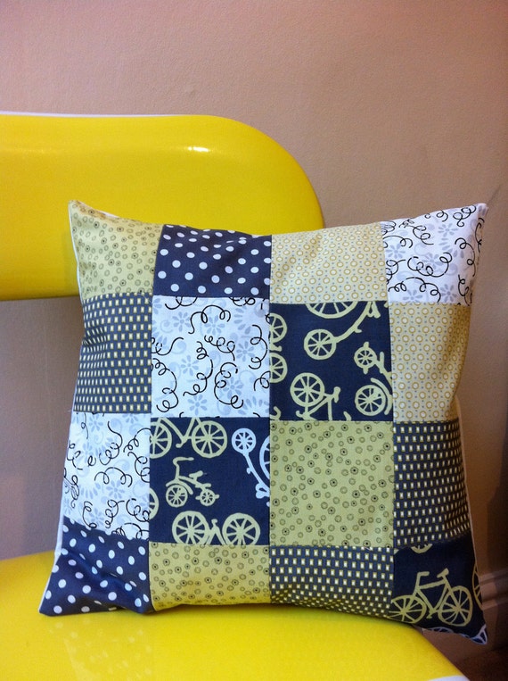 Items similar to Patchwork pillow/cushion with bicycle design fabric in