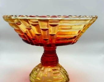 Vintage Jeannette Louisa Amberina Glass Basket Weave Pedestal Compote Fruit Bowl