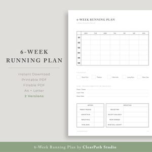 Puede incluir: Un plan de carrera de 6 semanas con una cuadrícula de calendario semanal, una clave de color para tipos de entrenamiento, secciones para objetivos de carrera y tablas de métricas y reflexión. El texto incluye 6-WEEK RUNNING PLAN, Instant Download, Printable PDF, Fillable PDF, A4 + Letter, 2 Versions y 6-Week Running Plan by ClearPath Studio.