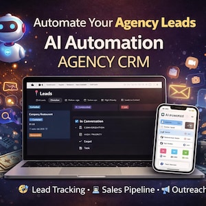 May include: A digital illustration promoting AI automation for agency leads. The image features a laptop and smartphone displaying a CRM interface, with the text "Automate Your Agency Leads" and "AI Automation AGENCY CRM". Additional text includes "Lead Tracking", "Sales Pipeline", and "Outreach".