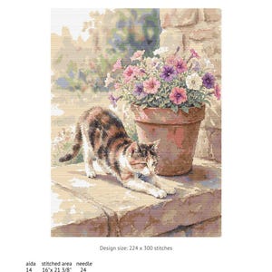 Puede incluir: Patrón de punto de cruz titulado "CAT and PETUNIA" que muestra un gato calicó estirándose en una repisa de piedra junto a una maceta de terracota llena de petunias rosas, moradas y blancas. El tamaño del diseño es de 224 x 300 puntadas. Crédito de la imagen: "Oldigis".