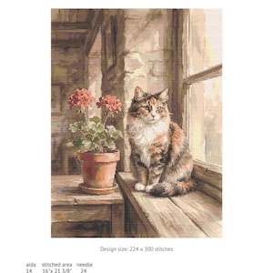 May include: A cross-stitch chart titled "CAT and GERANIUMS" featuring a detailed illustration of a calico cat sitting on a wooden windowsill next to a terracotta pot with red geraniums. The design size is 224 x 300 stitches.