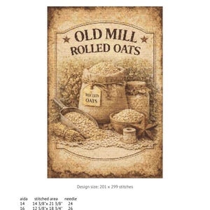 Puede incluir: Patrón de punto de cruz titulado "PPA-ROLLED OATS" con una ilustración de estilo vintage. La imagen muestra un saco de yute y tarros llenos de avena laminada, con el texto "OLD MILL ROLLED OATS". El tamaño del diseño es de 201 x 299 puntadas.