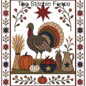 May include: A cross-stitch pattern titled The Stitchin Fence featuring a central turkey, pumpkins, a bowl of apples, wheat, and a pitcher. The design is framed by a decorative border of stars and leaves in red, blue, green, and gold colors.