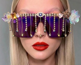 Festival Rhinestone Sunglasses- Evil Eye Charm, Crystal Fringe Statement Eyewear