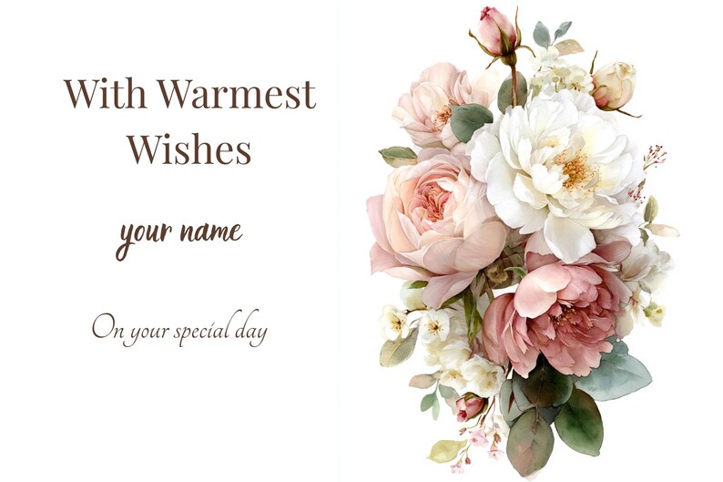 Rose Peony Birthday Card Canva Template | Editable Watercolor Floral ...