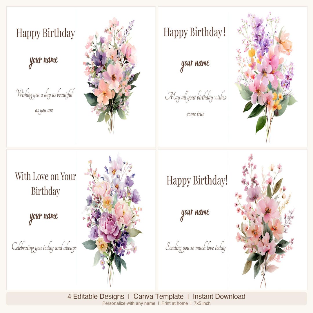 Wildflower Birthday Card Canva Template | Editable Watercolor Floral ...