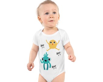 Simpatico body da neonato a tema mostri, body per Halloween, stampa "Boo e zanne", divertente completo per neonati per Halloween, regalo spettrale per neonati
