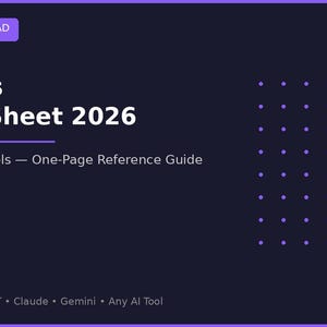 Könnte beinhalten: Eine digitale Download-Grafik mit dunkelviolettem Hintergrund. Der Text lautet "AI Tools Cheat Sheet 2026" mit dem Untertitel "50+ Best AI Tools - One-Page Reference Guide". Die Grafik enthält auch den Text "Works with ChatGPT • Claude • Gemini • Any AI Tool."