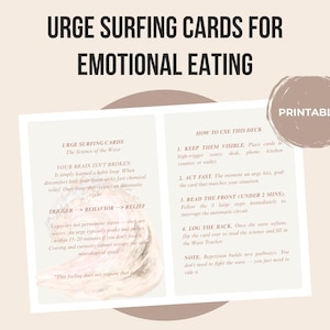 May include: A set of Urge Surfing Cards for Emotional Eating with a printable label. The cards feature text about the science of the wave, habit loops, and instructions on how to use the deck, including four numbered steps and a note on repetition.