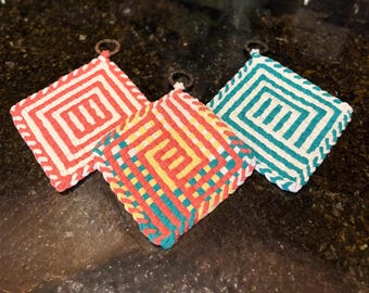 Handwoven Cotton Potholders, Set of 3 Geometric Hot Pads, Teal Coral White Yellow