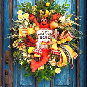 Crawfish Boil Wreath – Cajun Decor, Backyard Party, Corn, Potatoes, Lemons, Louisiana Theme Swag