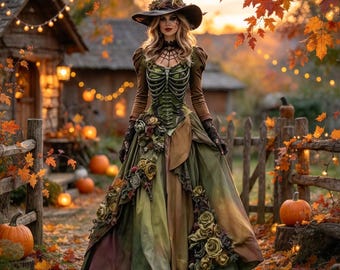May include: A floor-length olive green gown featuring a ribcage-style bodice, long sleeves, and a skirt adorned with fabric roses. The ensemble includes a wide-brimmed pointed hat with floral accents and dark gloves, set against an autumn backdrop.