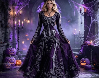 May include: A floor-length, long-sleeved purple gown featuring a white skeletal rib cage and pelvic bone print on the bodice, accented with intricate silver-toned rose and spider web patterns throughout the layered tulle skirt.