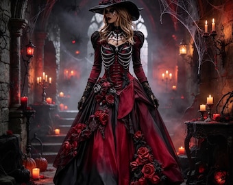 May include: A floor-length gown featuring a black and deep red color scheme, a bodice with a white ribcage graphic, and a skirt adorned with red roses. The outfit includes a wide-brimmed black witch hat decorated with red roses and black lace.