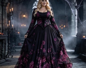May include: A floor-length black gown featuring long sleeves, a lace-up bodice, and a full skirt adorned with a dark purple rose pattern. The dress has a scoop neckline and a layered, flowing silhouette that reaches the floor in a wide, voluminous hem.