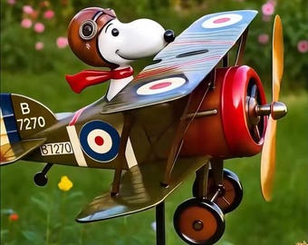 Flying Ace of the Dog Biplane Windmill - Metal Garden Windmill, Quirky Patio Artwork, Outdoor Lawn Decoration, Garden and Courtyard Ornament