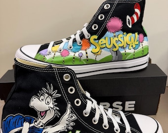 High Top Converse Hand Painted with Dr. Seuss Seussical the Musical - Yertle the Turtle Design