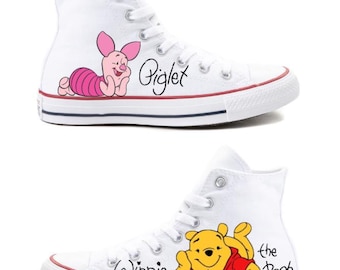 Winnie the Pooh and Piglet White High Top Converse Hand Painted - Men’s, Women’s and Kids Sizes