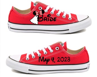 Converse Hand Painted with Minnie Mouse Bride Design with Wedding Date